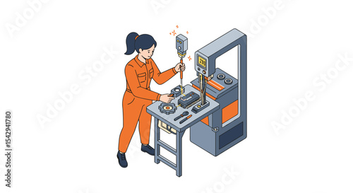 Woman mechanic assembling machine components in workshop setting vector illustration isometric