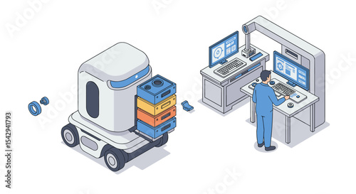 Autonomous delivery robot and control room with technician in futuristic warehouse vector illustration isometric
