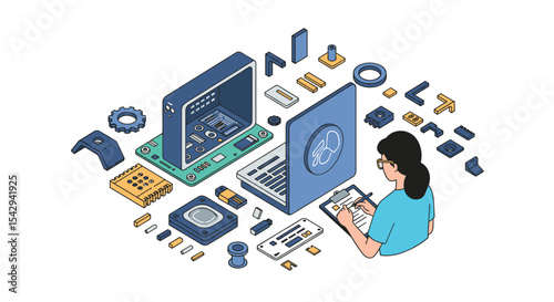 Tech development concept with isometric computer components and programmer vector illustration isometric