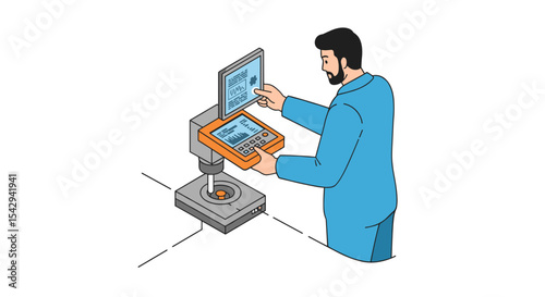 Technician operating automated precision machine for quality control vector illustration isometric