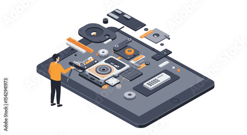 Exploring tablet construction and repair with technician in a digital workshop scene vector illustration isometric