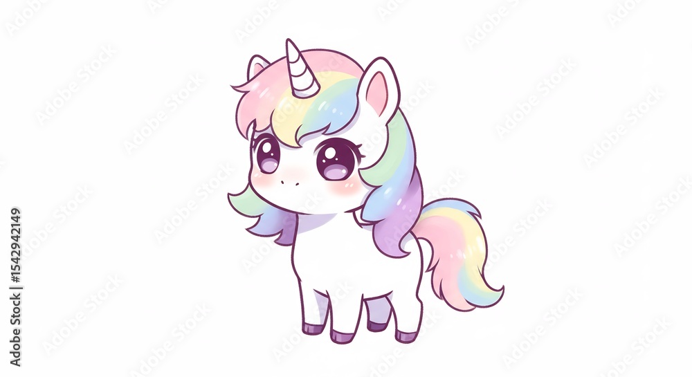 Obraz premium 虹色たてがみ可愛いユニコーン 優しいパステル調イラスト. AI Generated