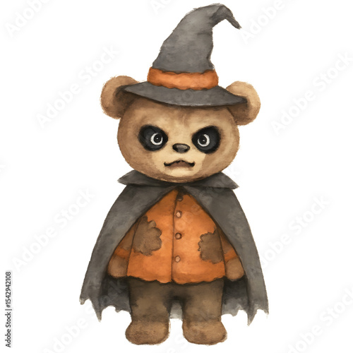 Whimsical Witch Bear: A charming, watercolor-style illustration of a teddy bear in a witch's hat and cape, embodying the playful spirit of Halloween.