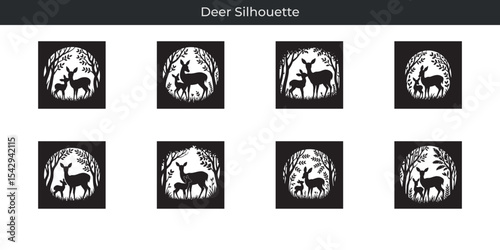Elegant deer silhouette design featuring mother and fawn with trees and decorative elements