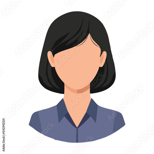 Modern Flat Female Silhouette in Round Shape with Shoulder-Length Black Hair and Light Blue Shirt
