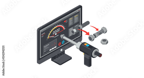 Digital engineering and automation concept with industrial tools and monitor display vector illustration