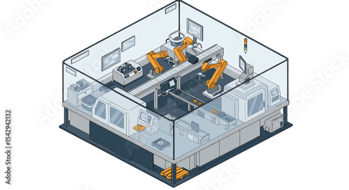 Automated industrial robotics in a modern factory setting vector illustration