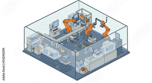 Futuristic automated factory with robotics and conveyor systems for manufacturing processes vector illustration