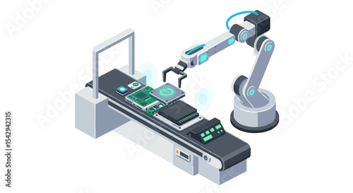 Futuristic robotics and automation in electronic assembly line design vector illustration