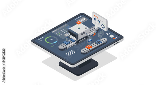 Isometric smart factory technology interface for industrial automation vector illustration
