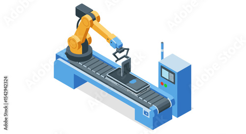 Automated smartphone assembly on conveyor belt with robotic arm in modern factory setting vector illustration