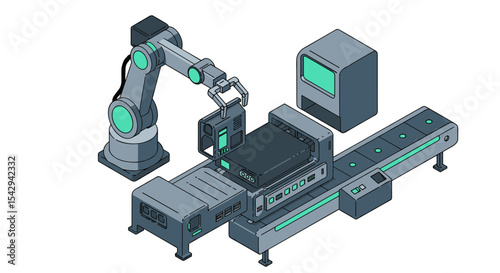 Futuristic industrial automation technology with robotic arm and conveyor system design vector illustration