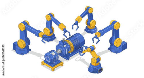 Industrial automation with robotic arms assembling machinery for manufacturing efficiency vector illustration