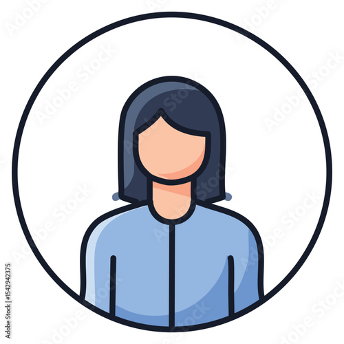 Simple Round Flat Icon of a Female Silhouette with Shoulder-Length Black Hair and Light Blue Shirt
