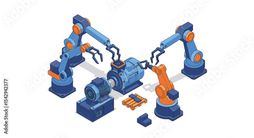 Robotic arms and industrial automation in factory setting vector illustration