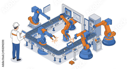 Automated industrial robotics system with conveyor belt for efficient manufacturing process vector illustration