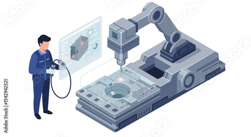 Futuristic robotic manufacturing with worker operating cnc machine interface vector illustration
