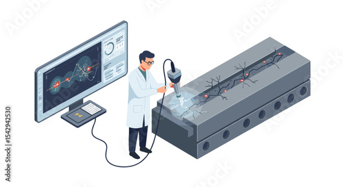Scientist conducting neural research with advanced equipment in laboratory setting vector illustration