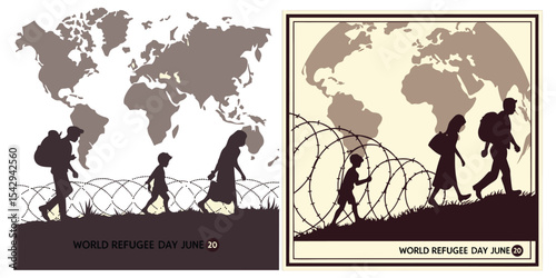 World Refugee Day silhouette illustration of a refugee family migrating across a border