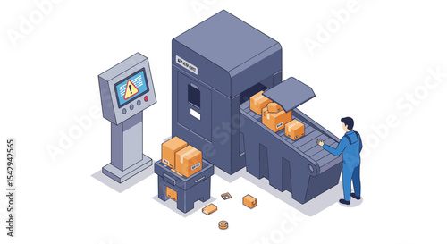 Industrial automation with conveyor and packaging process monitoring vector illustration