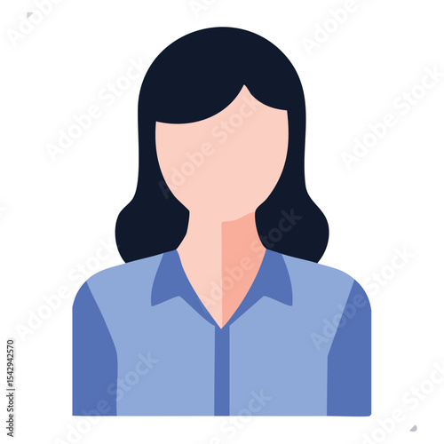Flat Style Female Profile Icon with Shoulder-Length Black Hair and Light Blue Shirt, Round Shape
