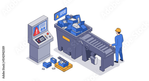 Automation and recycling process with worker and industrial machines vector illustration