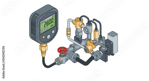Industrial pressure gauge with digital display for hydraulic systems vector illustration