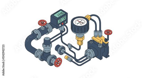 Industrial pipeline system with pressure gauges and valves for engineering design vector illustration