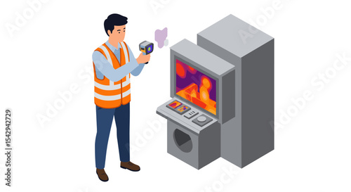 Technician using thermal imaging camera for machinery inspection and maintenance vector illustration