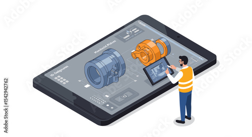 Augmented reality engineering design tablet with industrial parts and interactive interface vector illustration