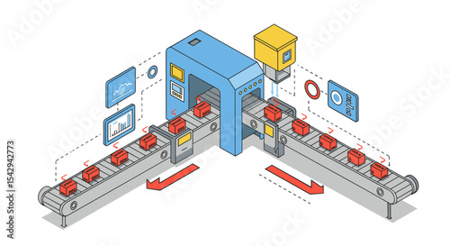 Automated factory production line with conveyor system and digital interface vector illustration