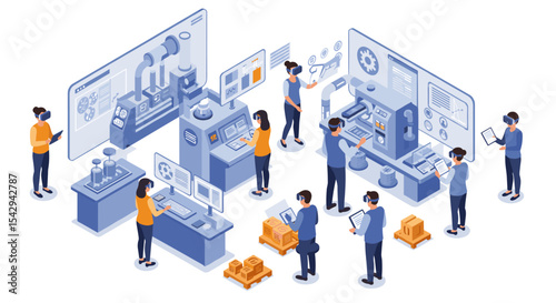 Teamwork and technology in modern isometric factory setting for business workflows vector illustration