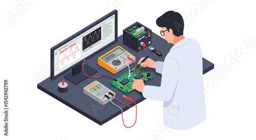 Engineer testing circuit board in modern electronics lab setting for research and development vector illustration