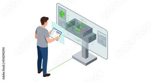 Engineer analyzing 3d model on interactive screen in futuristic workplace design vector illustration
