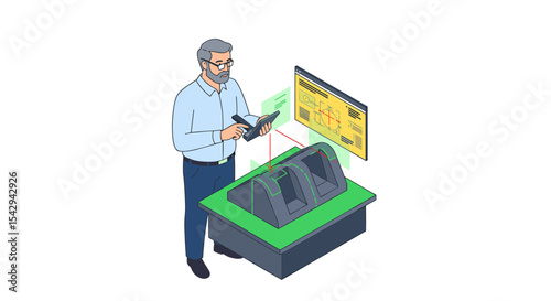 Engineer using tablet to monitor advanced manufacturing process in smart factory vector illustration