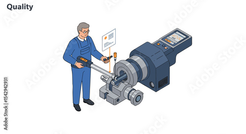 Quality control technician inspecting industrial machinery for precision manufacturing vector illustration