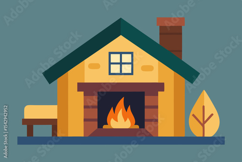 Cozy Cabin with Fireplace Autumnal Home Illustration