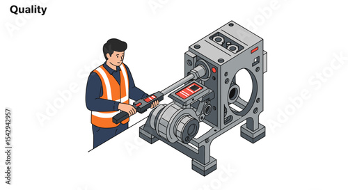 Industrial quality control with technician using precision tool on machinery vector illustration