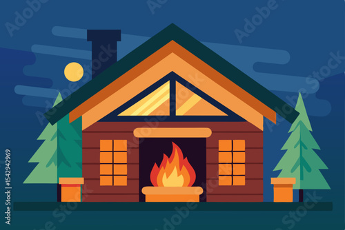 Cozy Cabin Night A Warm and Inviting Mountain Escape Illustration