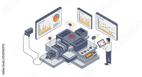 Digital automation and data analysis in modern manufacturing systems vector illustration