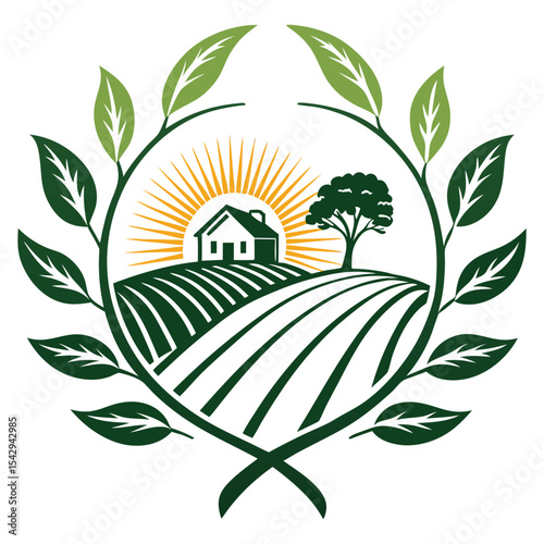 Organic Farming Logo With House And Tree vector