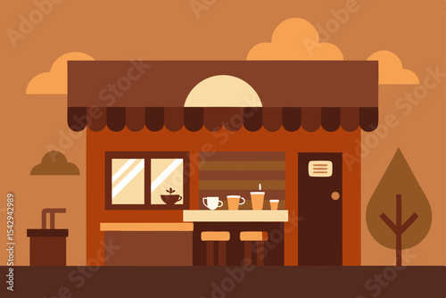 Cozy Coffee Shop Illustration A Charming Brown and Orange Cafe Design