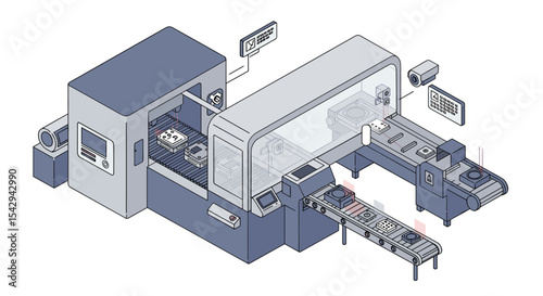 Automated manufacturing process with futuristic conveyor system for industrial efficiency and innovation vector illustration