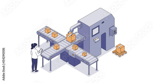 Automated packaging system with conveyor belts for efficient warehouse management vector illustration
