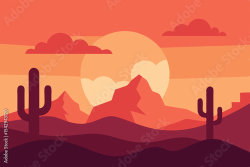 Desert Sunset Landscape Vibrant Hues and Silhouetted Cacti