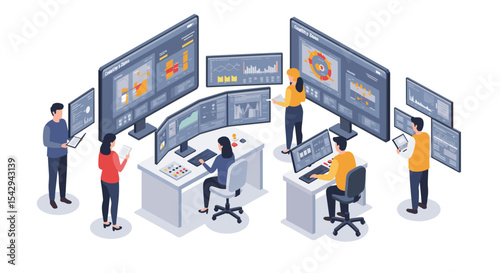 Data analysts collaborating in a modern office control room with advanced digital displays vector illustration