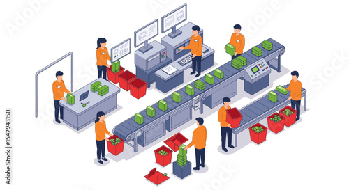 Warehouse automation and packaging process with conveyor belt in modern factory setting vector illustration