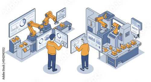 Innovative industrial automation with robotic arms in factory setup for efficient production vector illustration