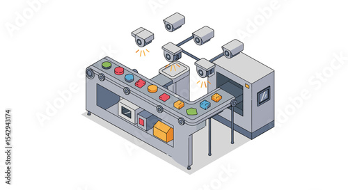 Automated factory conveyor belt with quality control cameras for efficient production vector illustration