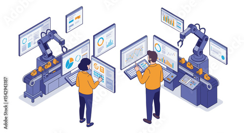 Industrial automation and data analysis in modern manufacturing technology vector illustration